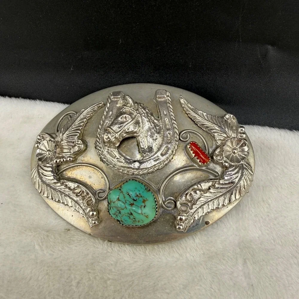 Vintage Western Belt Buckle Equestrian Red Green Polished Stone